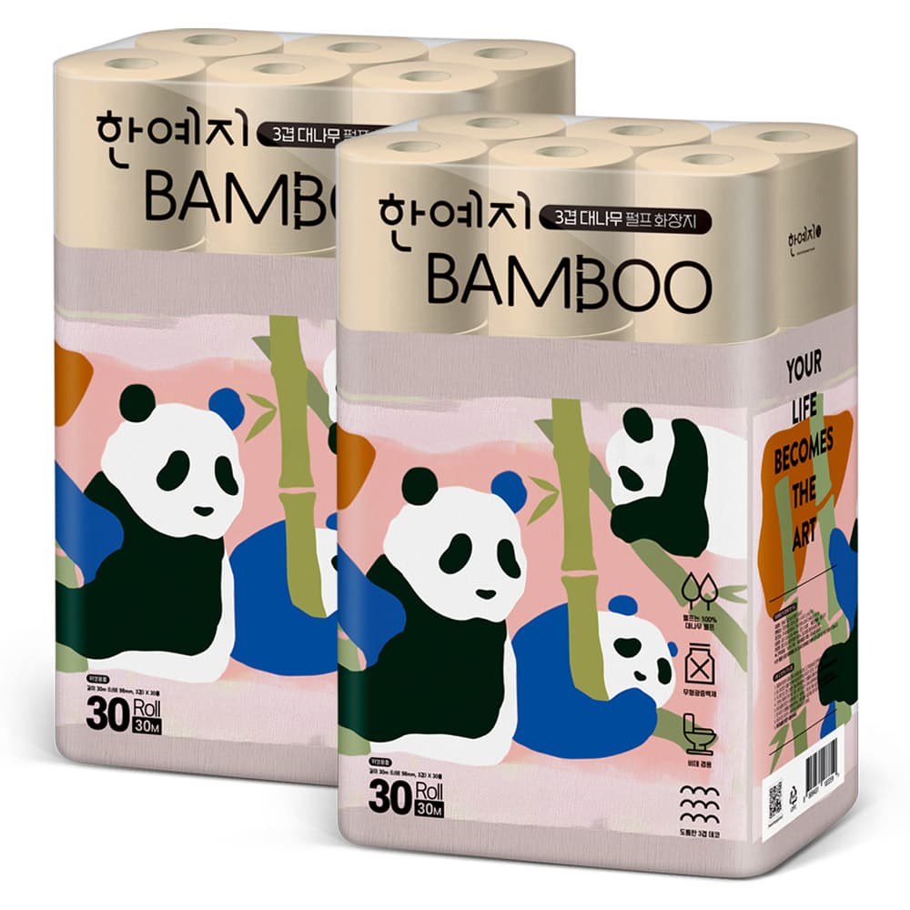 [신상품] 한예지 팬더캐릭터 Bamboo 대나무펄프 3겹 화장지 30m 30롤 2팩