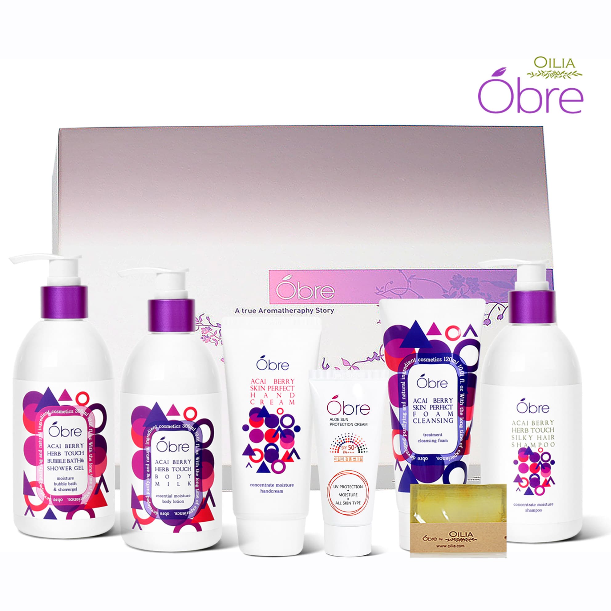 [오일리아] 오브레아사이베리 바디&페이스7종_샤워젤300ml, 바디로션300ml, 샴푸300ml, 핸드크림80ml, 폼클린징120ml, 썬크림4ml0, 비누90g