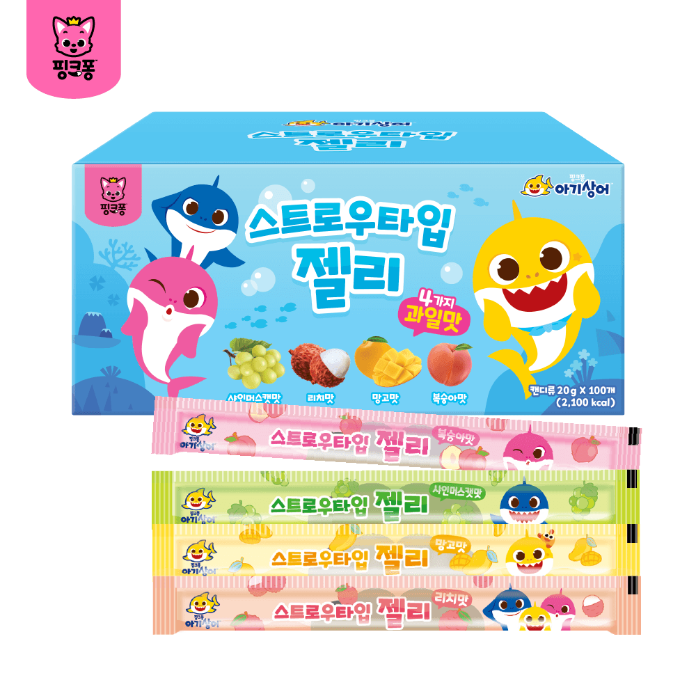 [핑크퐁] 스트로우타입 젤리 100개 4가지맛(복숭아 리치 망고 샤인머스캣)랜덤포장